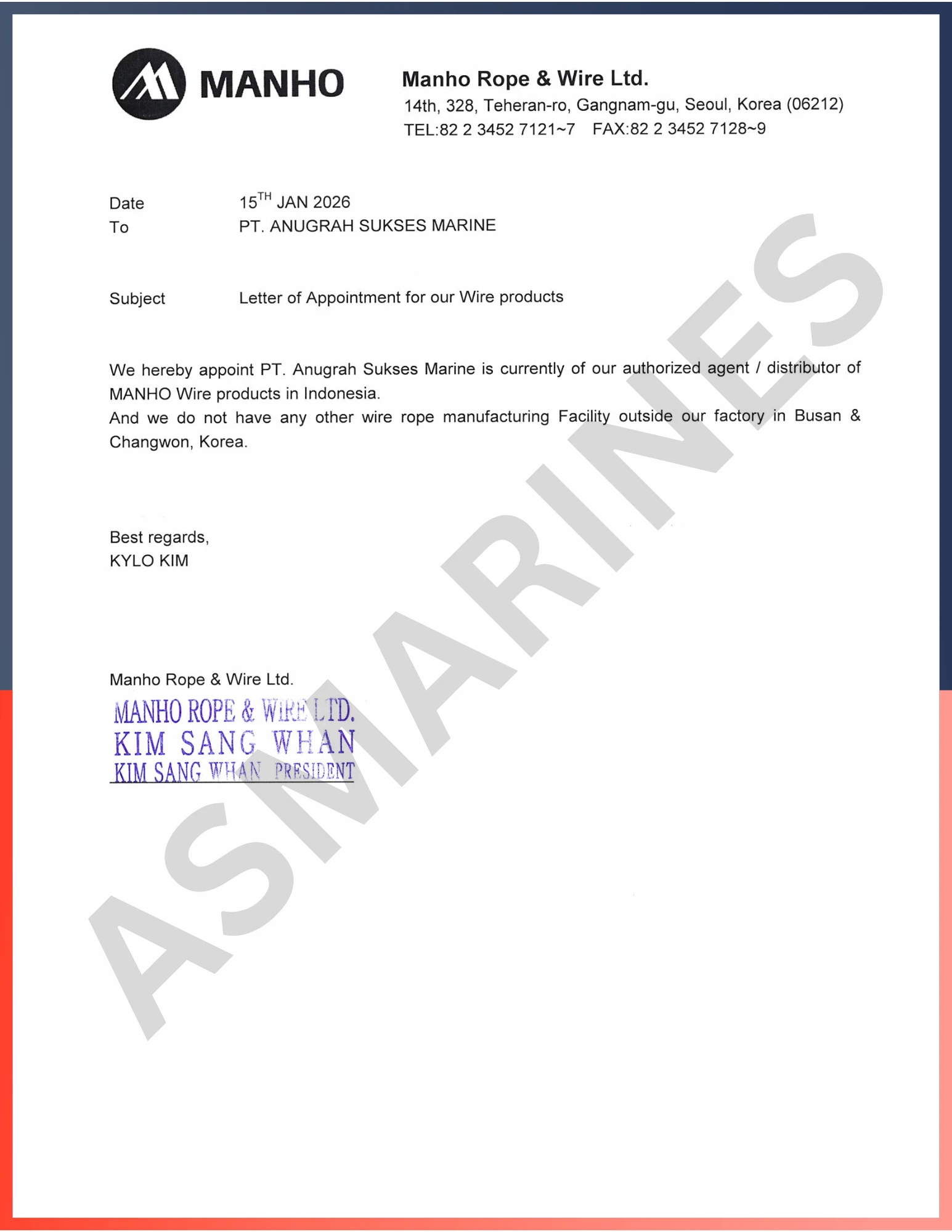 Agency Letter Manho Wire Rope 2026